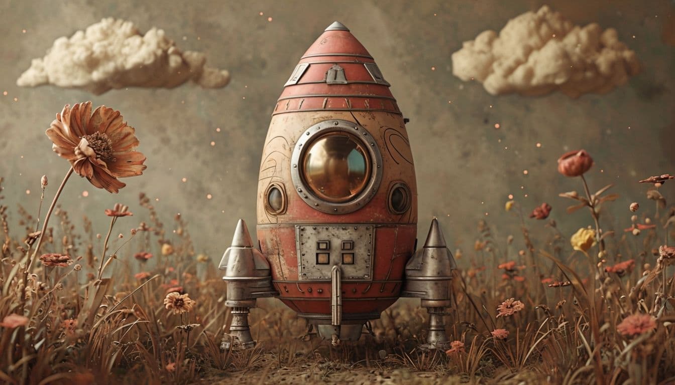 Nostalgic rocket scene with rustic meadow